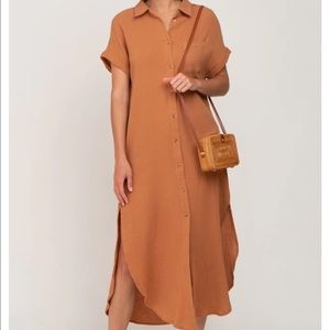 Camel button down midi dress